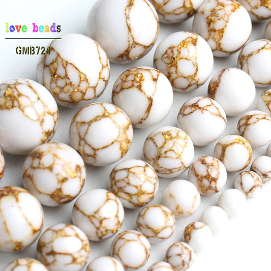 White Howlite Spun Gold Loose Stone Round Beads for Jewelry Making DIY Bracelet 15&#39;&#39; strand 4/6/8/10/12mm